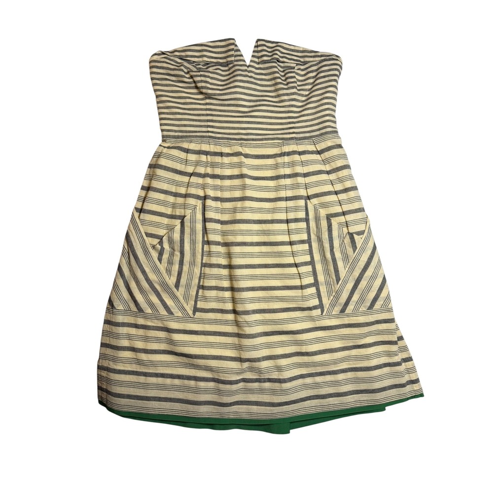 Maeve Anthropologie Striped‎ Strapless Linen Blend Mini Dress Green Trim Size 6